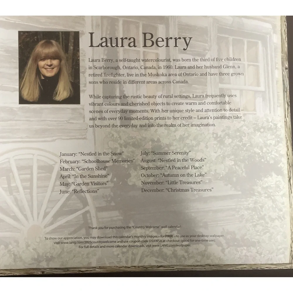 Lang 2023 Country Welcome Calendar Artwork by Laura Berry Excellent Condition